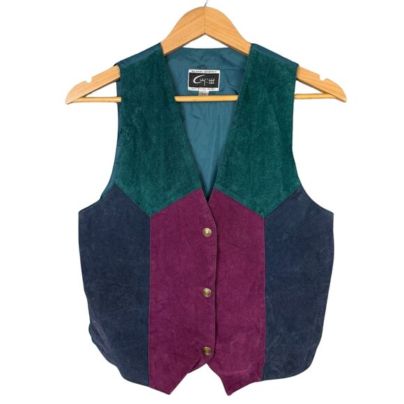 Vintage 90s Suede Patchwork‎ Vest Women M Western Boho Teal Plum Festival - Picture 2 of 5